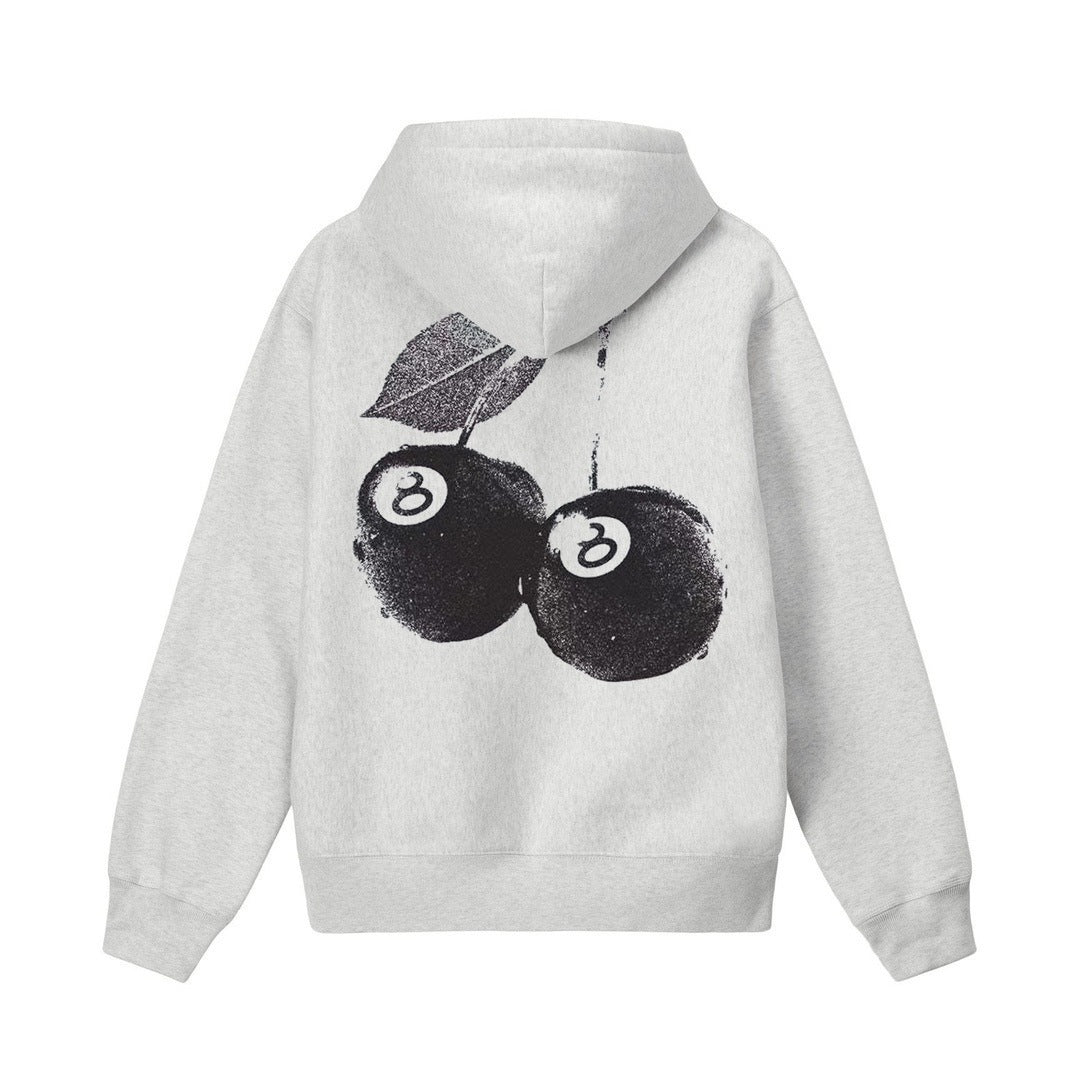 Gray hoodie with black cherry design on the back on a white background