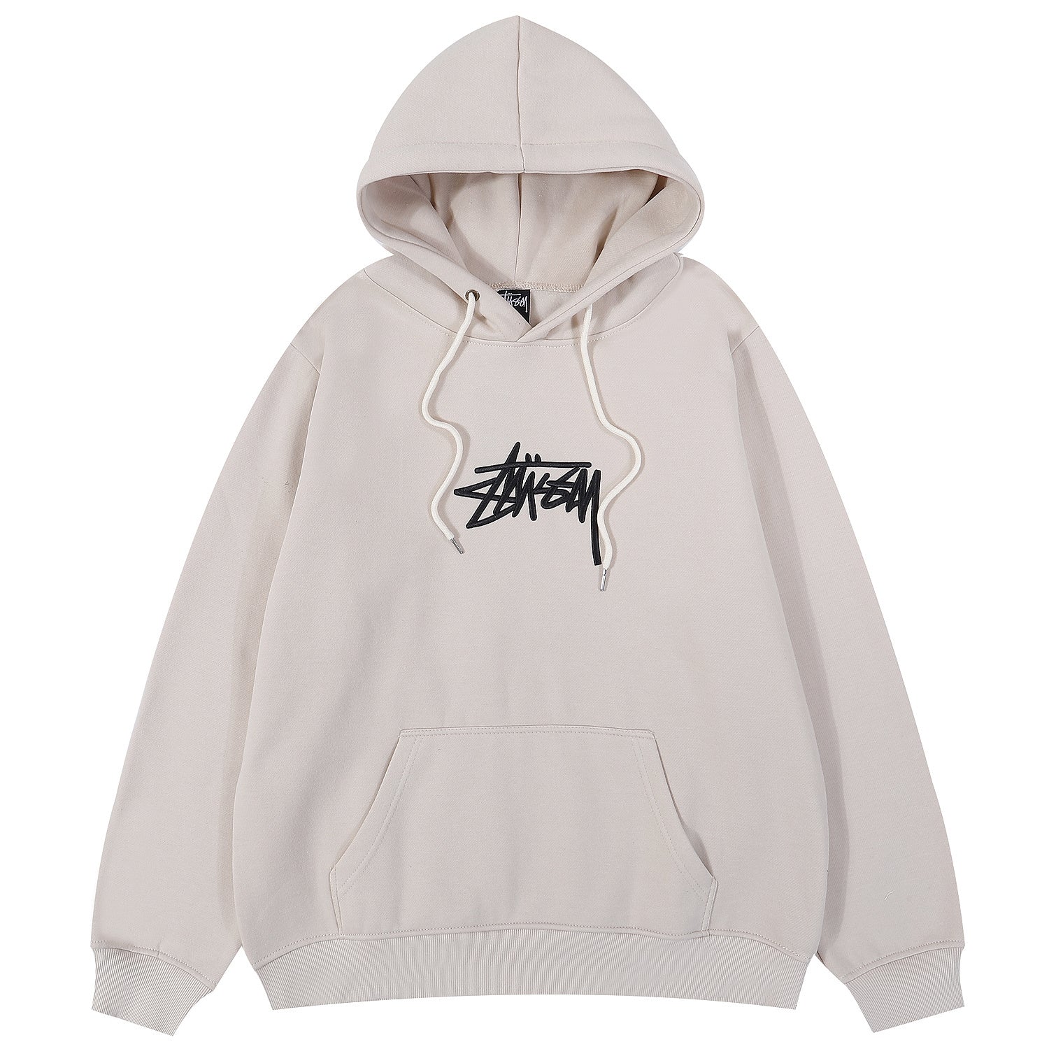 Beige hoodie with a black logo on a white background