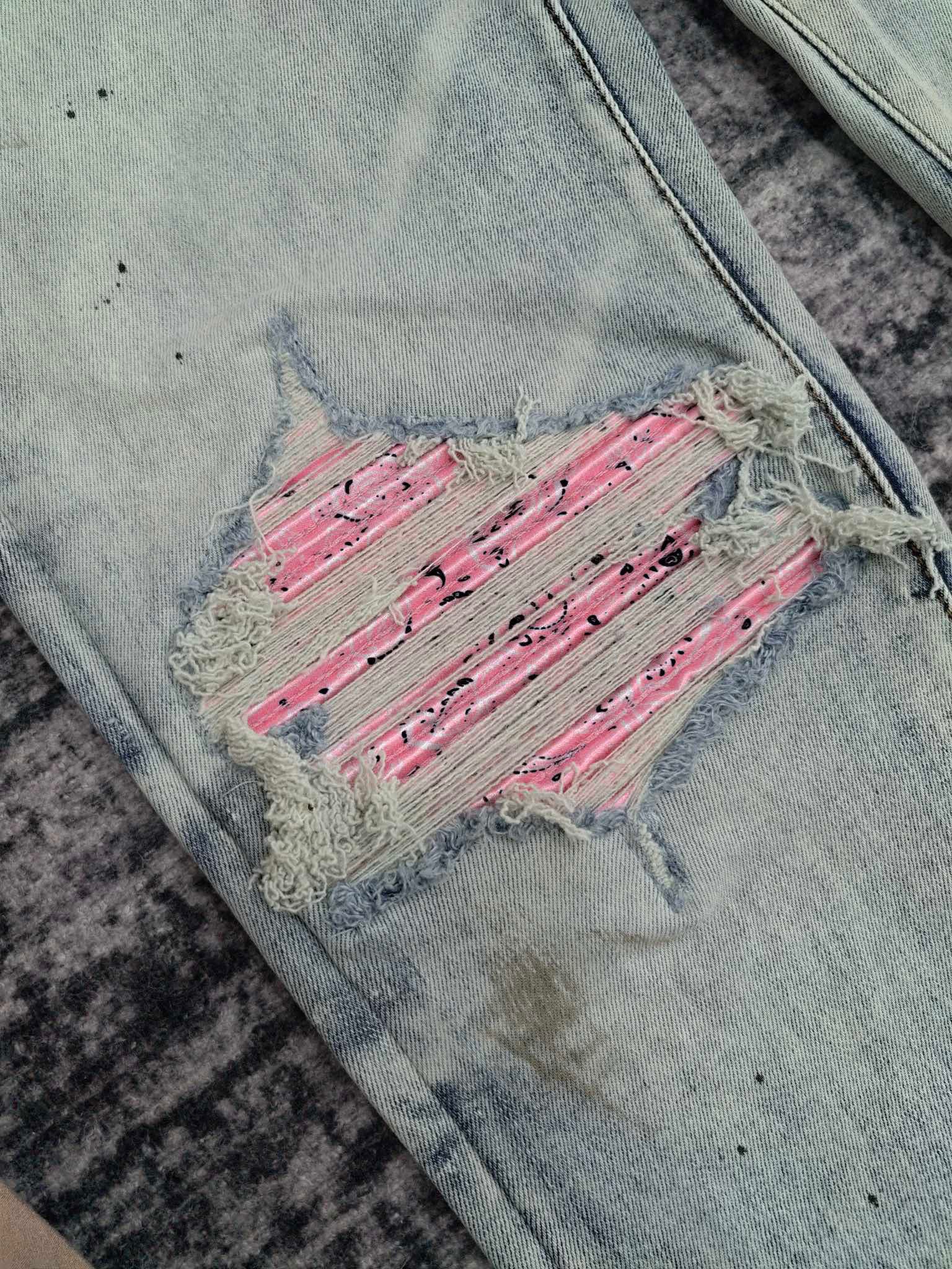 Amiri | MX1 Distressed Blue Skinny Jeans with Pink Leather Knee Patches