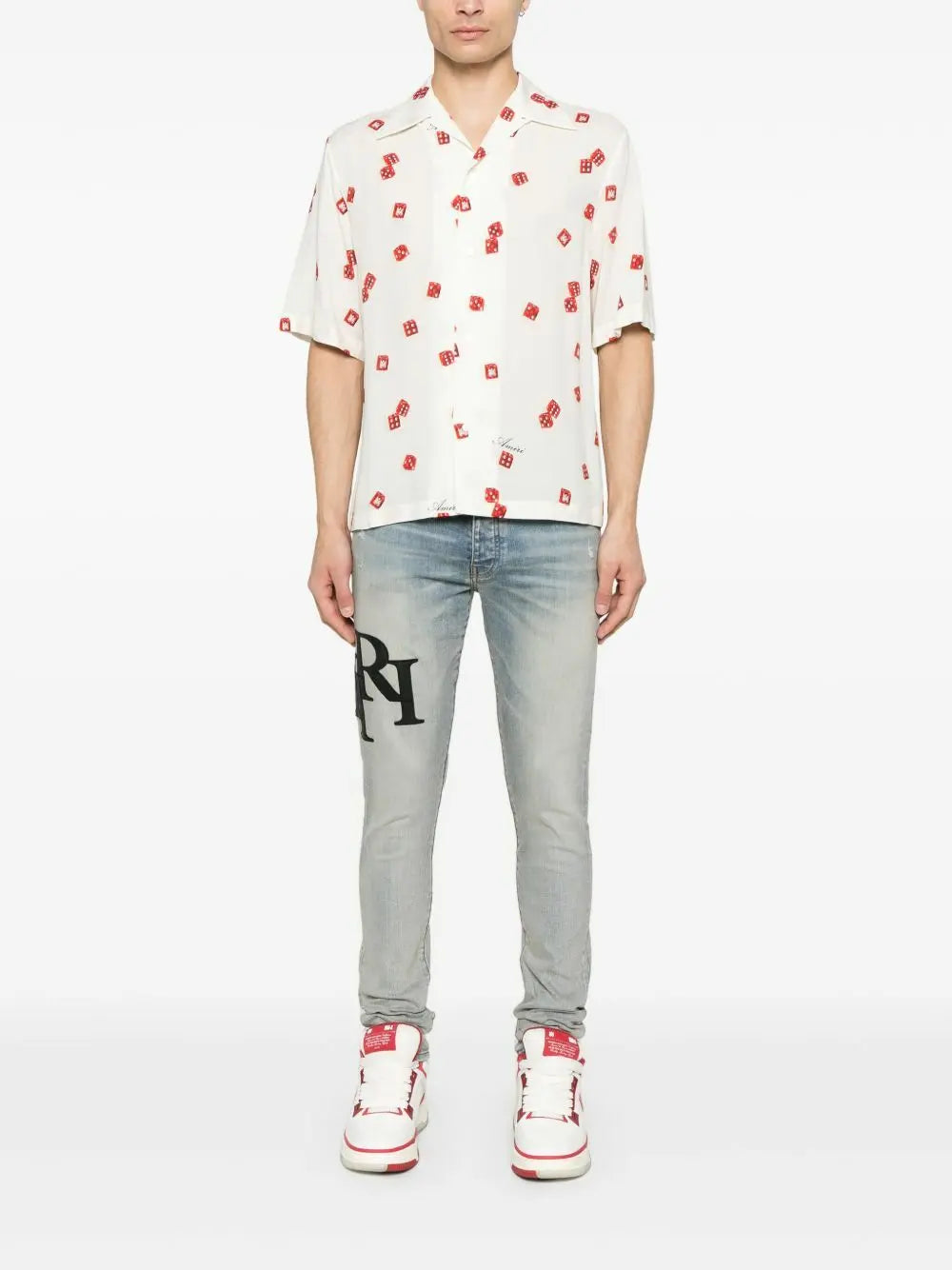 Amiri | Light Wash Staggered Logo Skinny Jeans | Antique Indigo Black Amiri