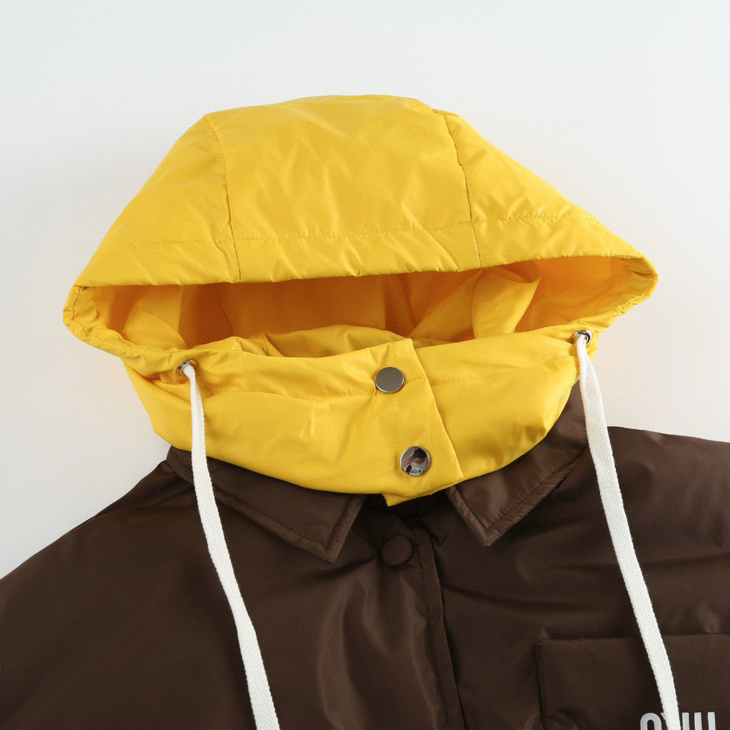 Miu Miu | Technical Pongé Down Hoodie Jacket | Coffee/Mustard