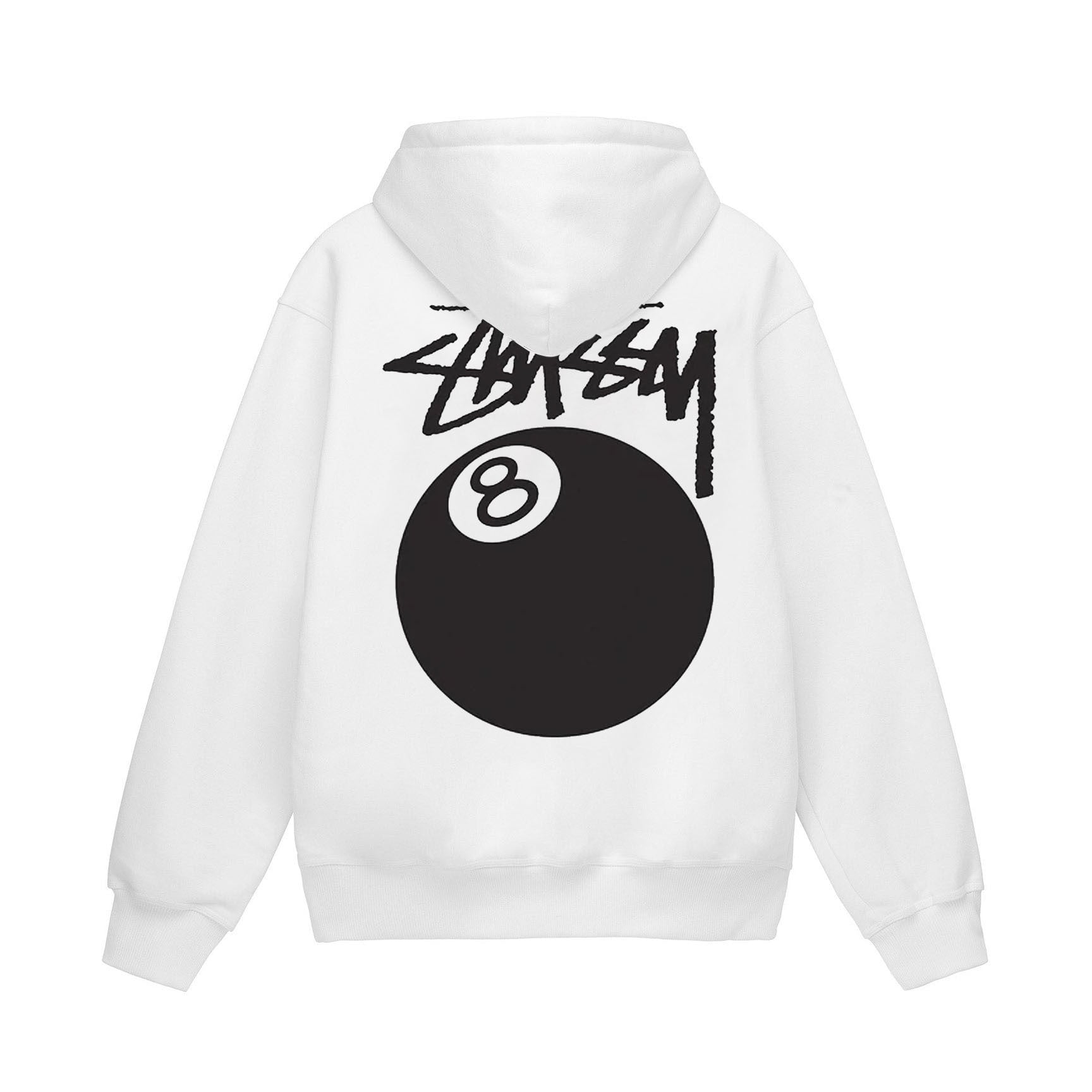 White hoodie with black '8 Ball' graphic and brand logo on a white background