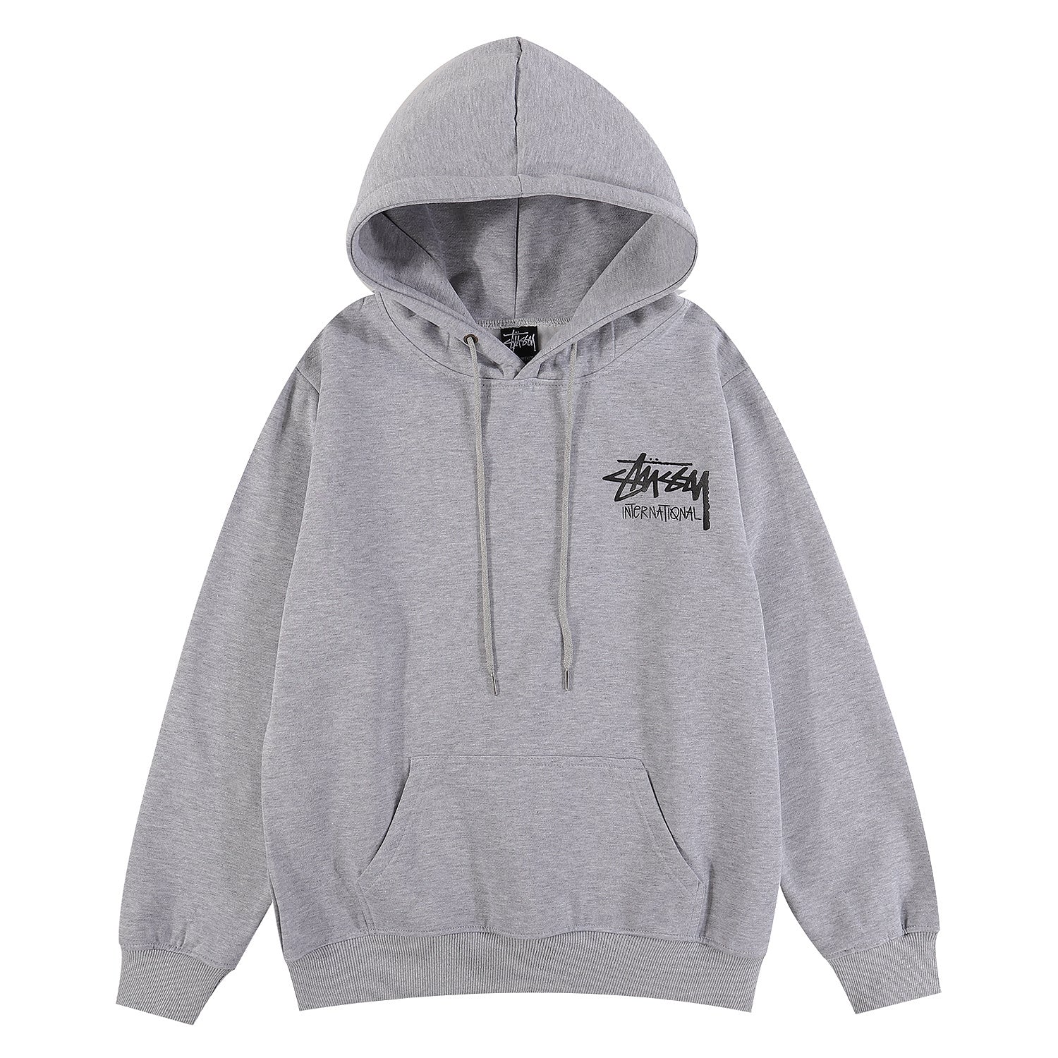 Gray hoodie with a brand logo on the chest against a white background