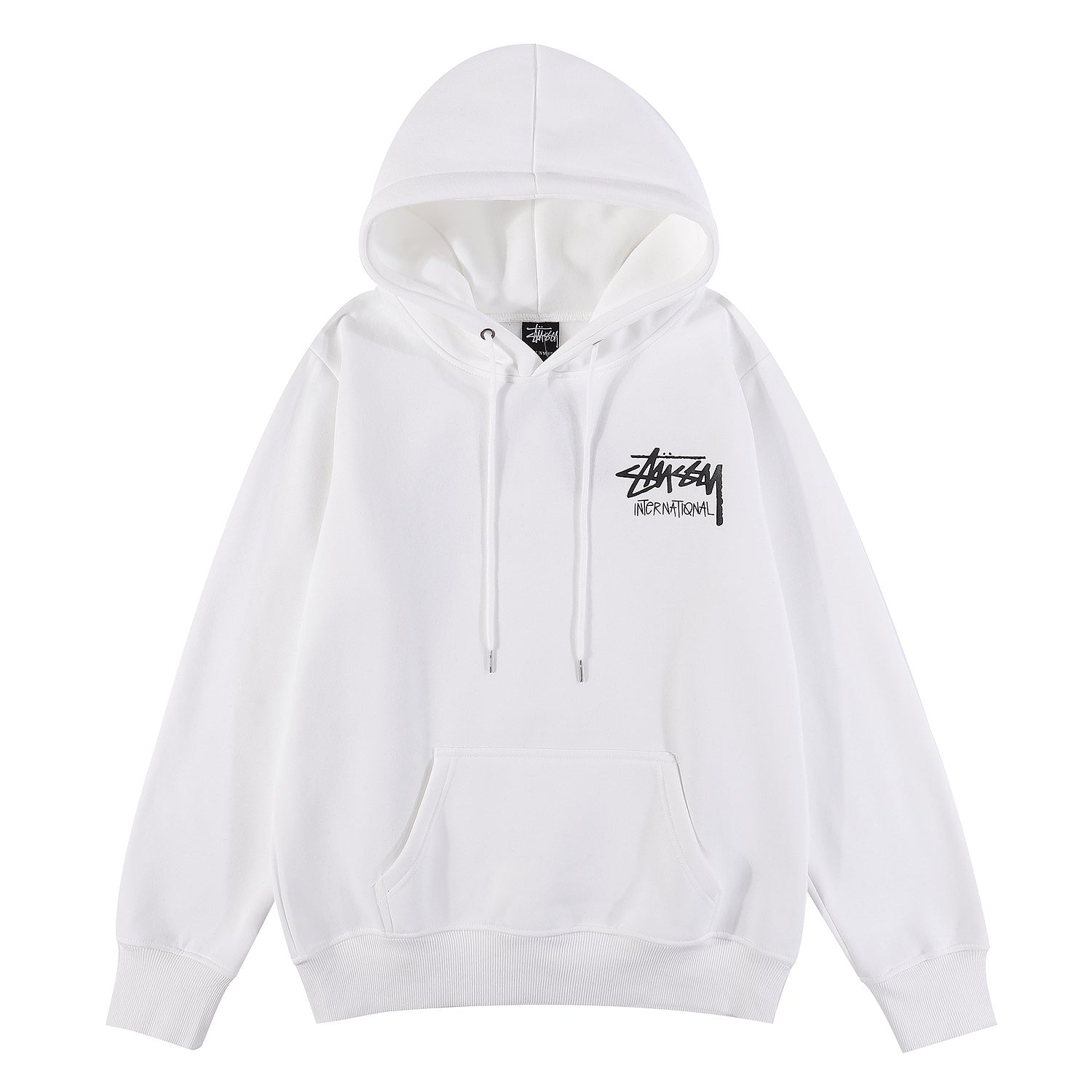 White hoodie with Stussy logo on a white background