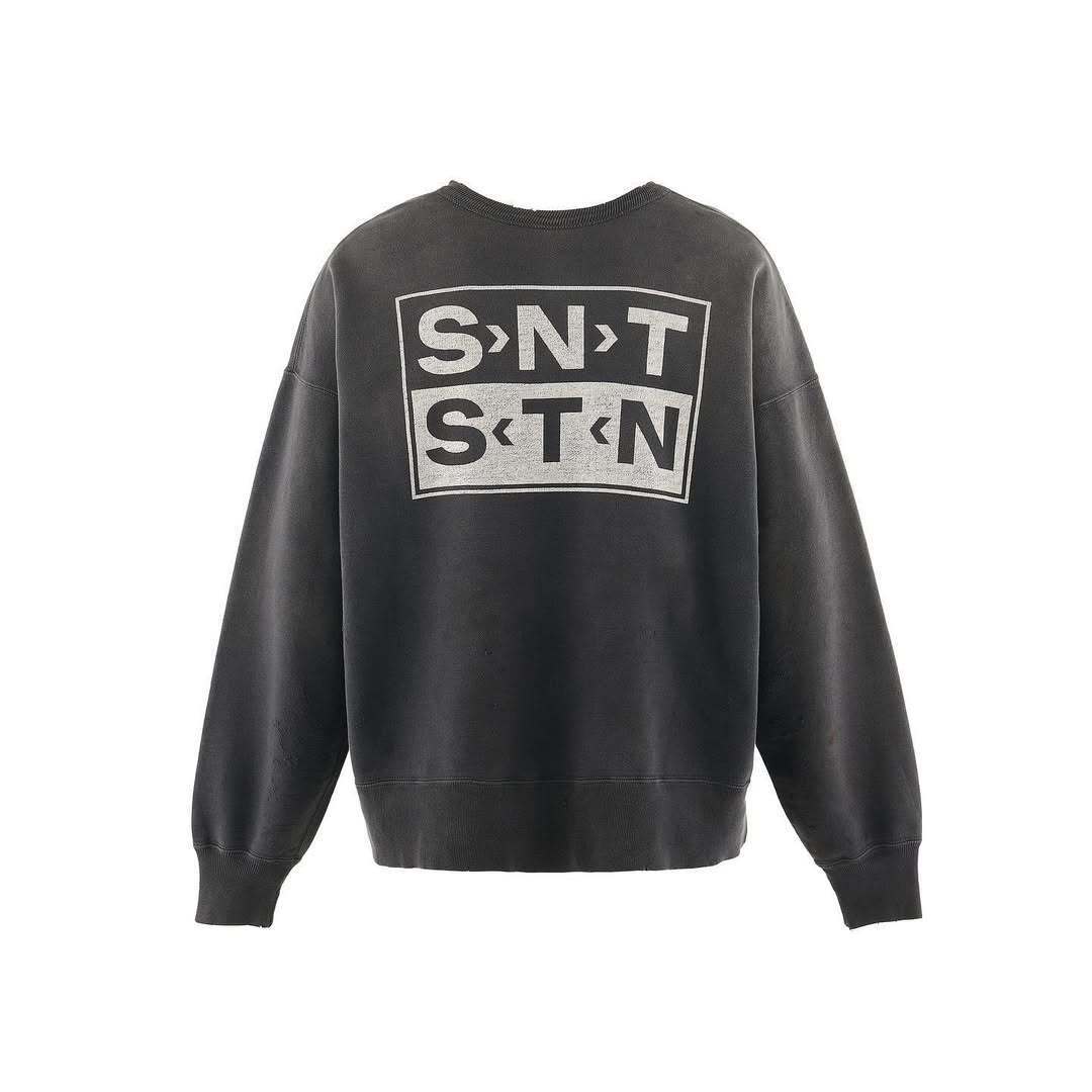 Black sweatshirt with a logo on the back against a white background