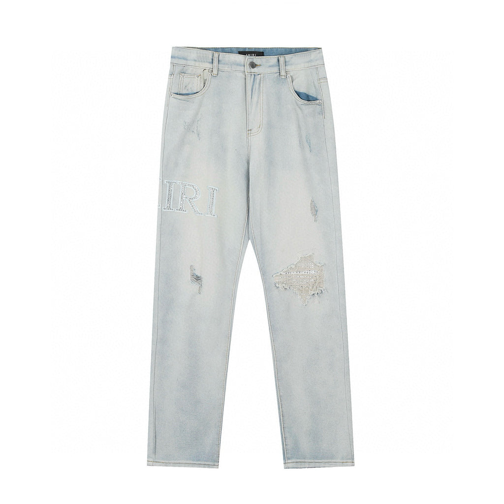 Amiri | Crystal Embellished Distressed Jeans | White