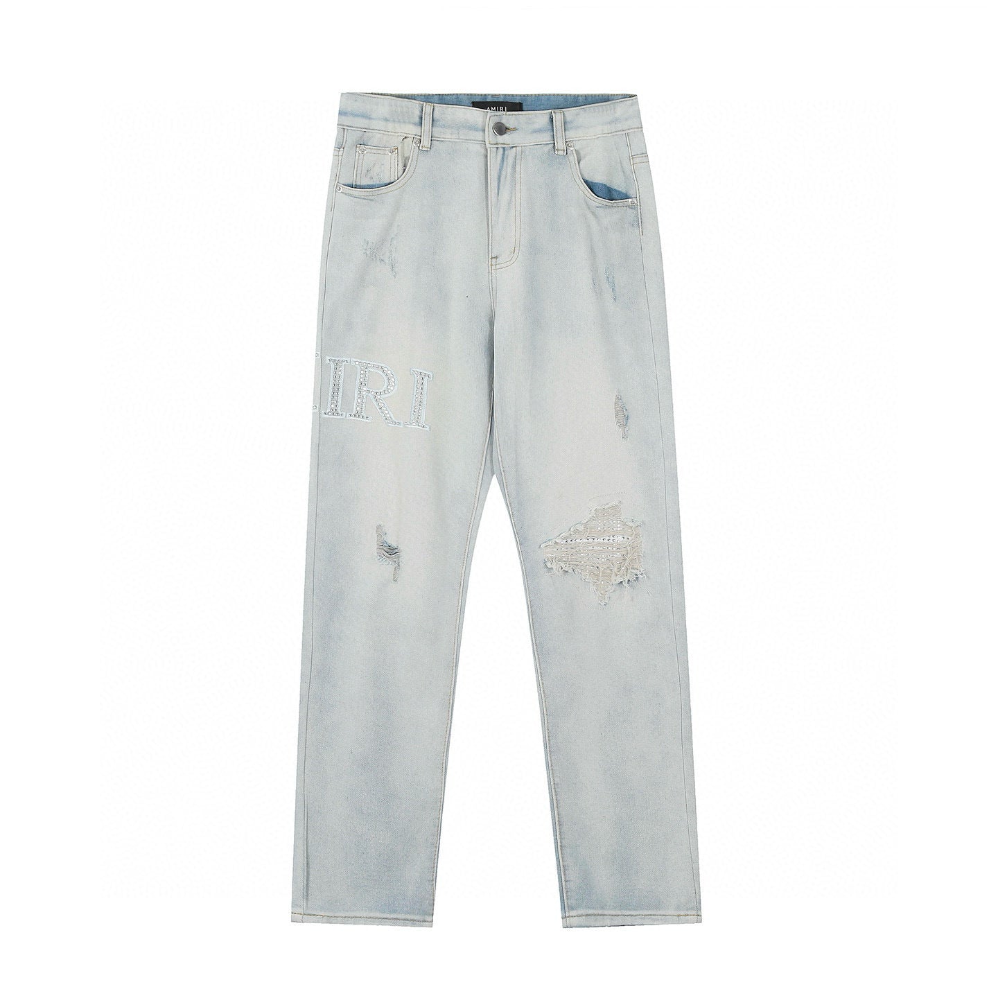 Amiri | Crystal Embellished Distressed Jeans | White