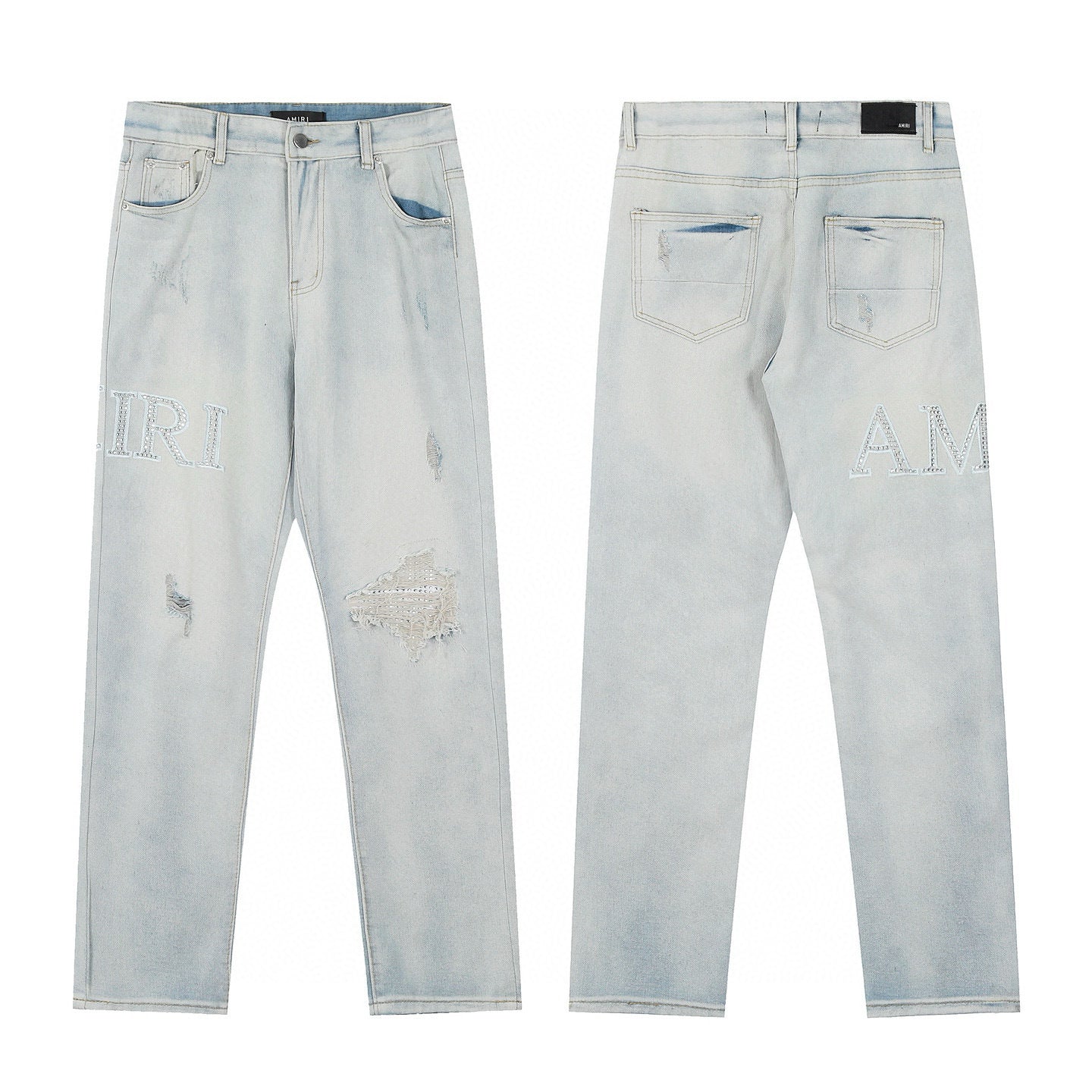 Amiri | Crystal Embellished Distressed Jeans | White