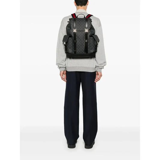 Gucci | Black GG Monogram Canvas Backpack with Web Stripe Gucci