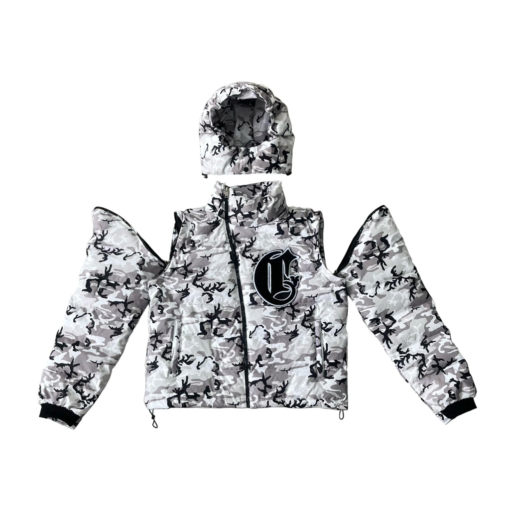 Corvidae Puffer Jacket | Black, White, Green Camo, Grey Camo