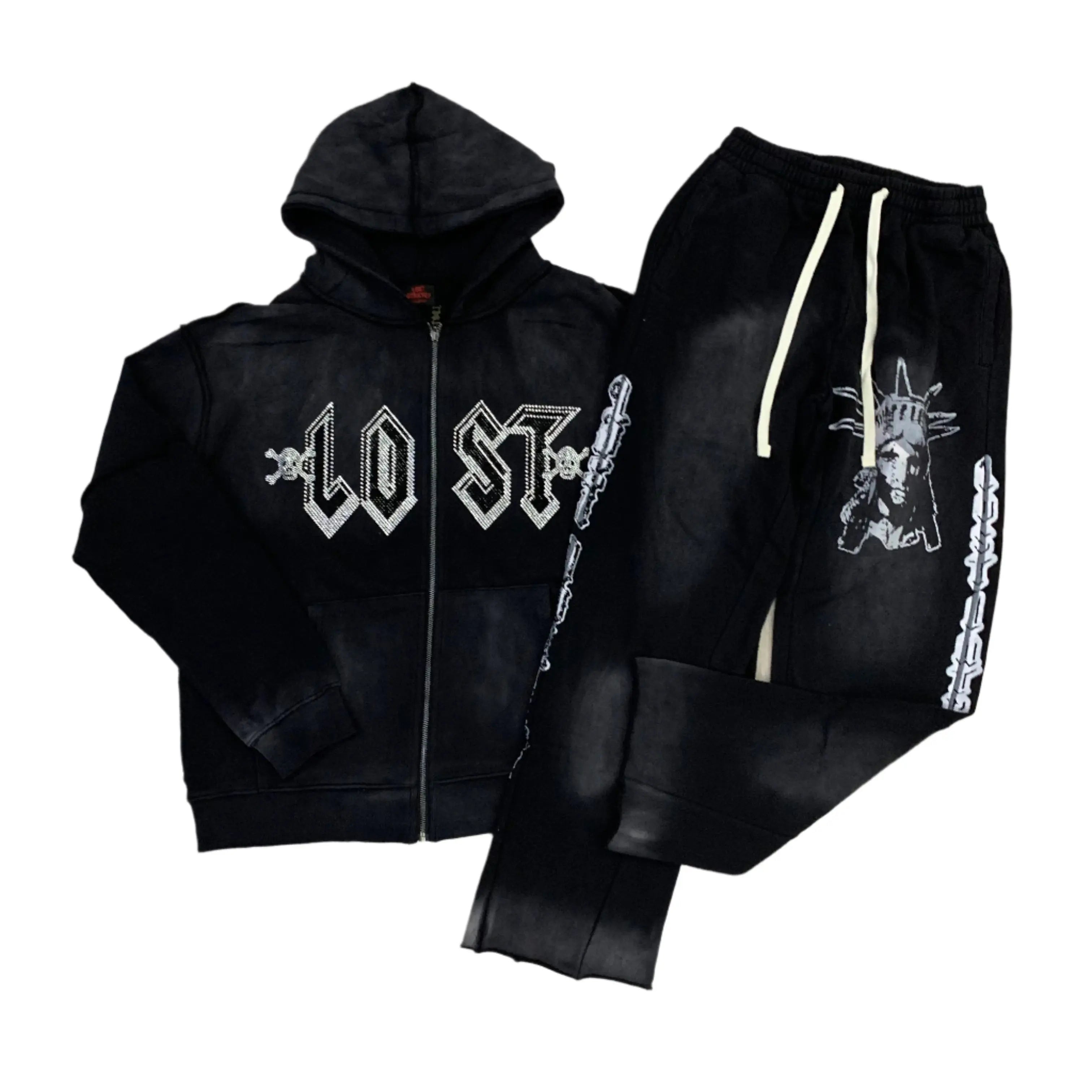 Lost Intricacy | Rhinestone Engraved Hoodie Sweat Set Lost Intricacy
