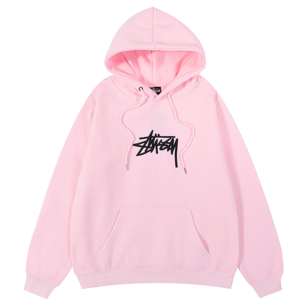 Pink hoodie with a black logo on a white background