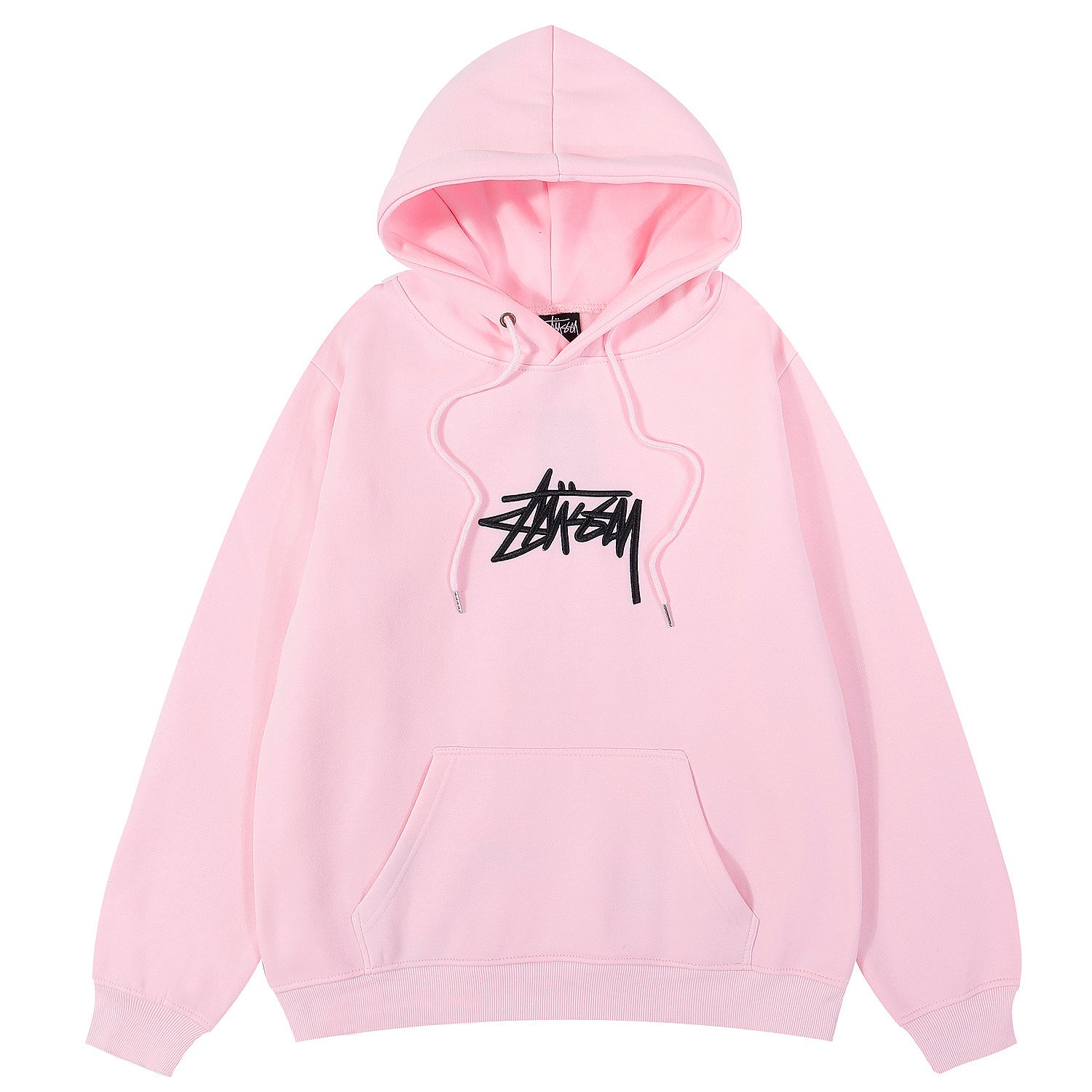 Pink hoodie with a black logo on a white background