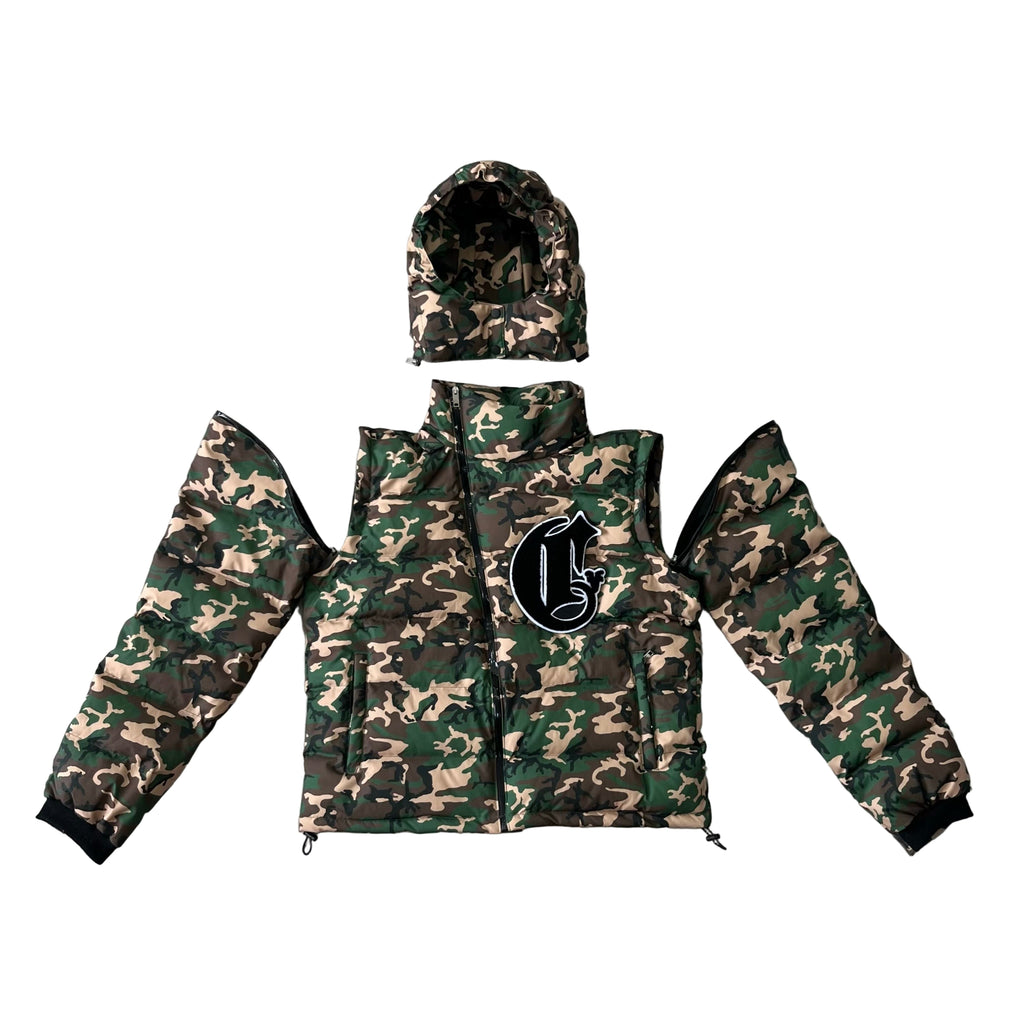 Corvidae Puffer Jacket | Black, White, Green Camo, Grey Camo