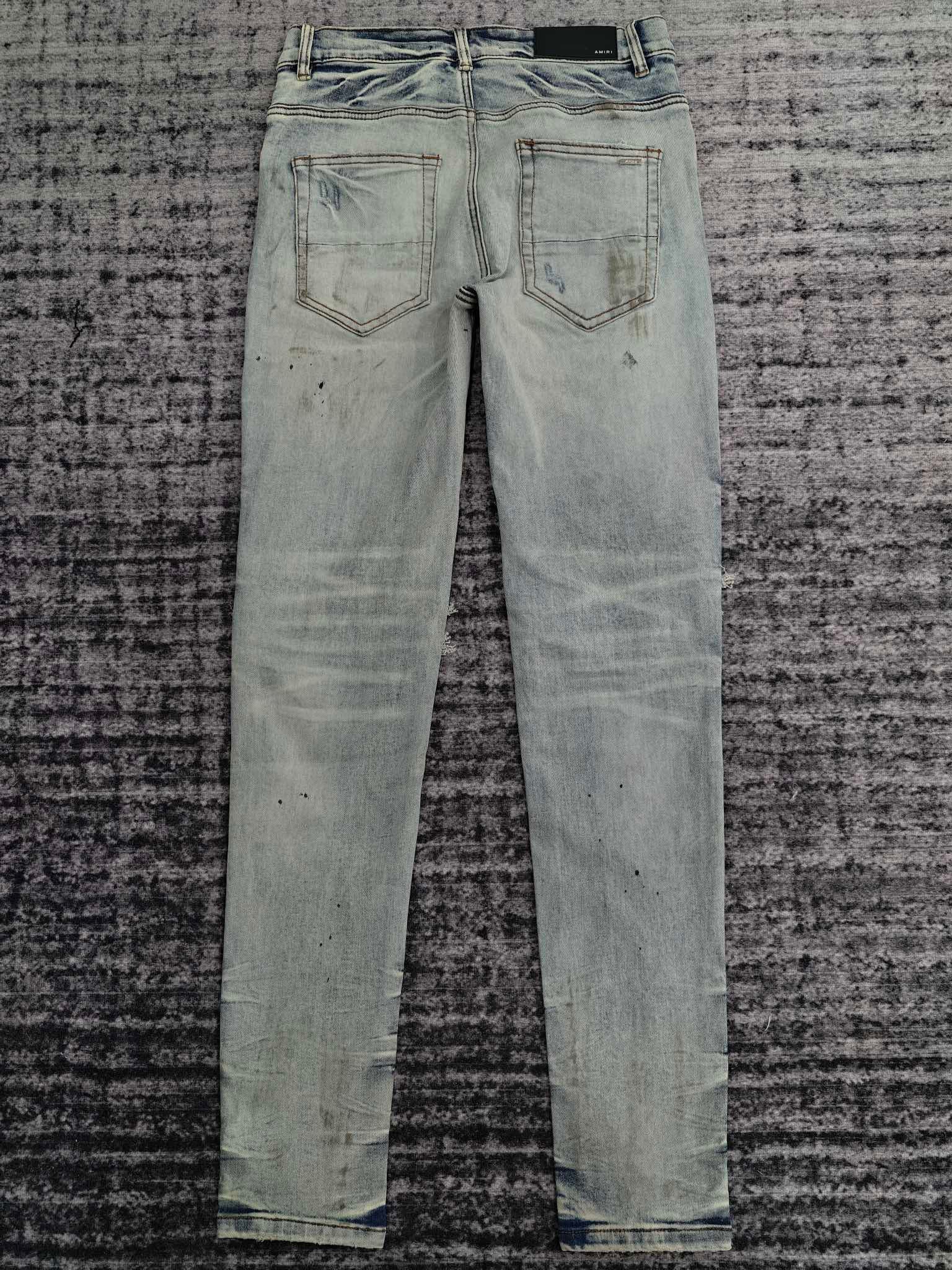 Amiri | MX1 Distressed Blue Skinny Jeans with Pink Leather Knee Patches