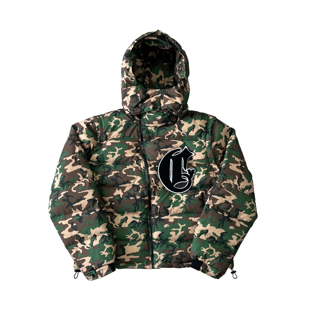 Corvidae Puffer Jacket | Black, White, Green Camo, Grey Camo