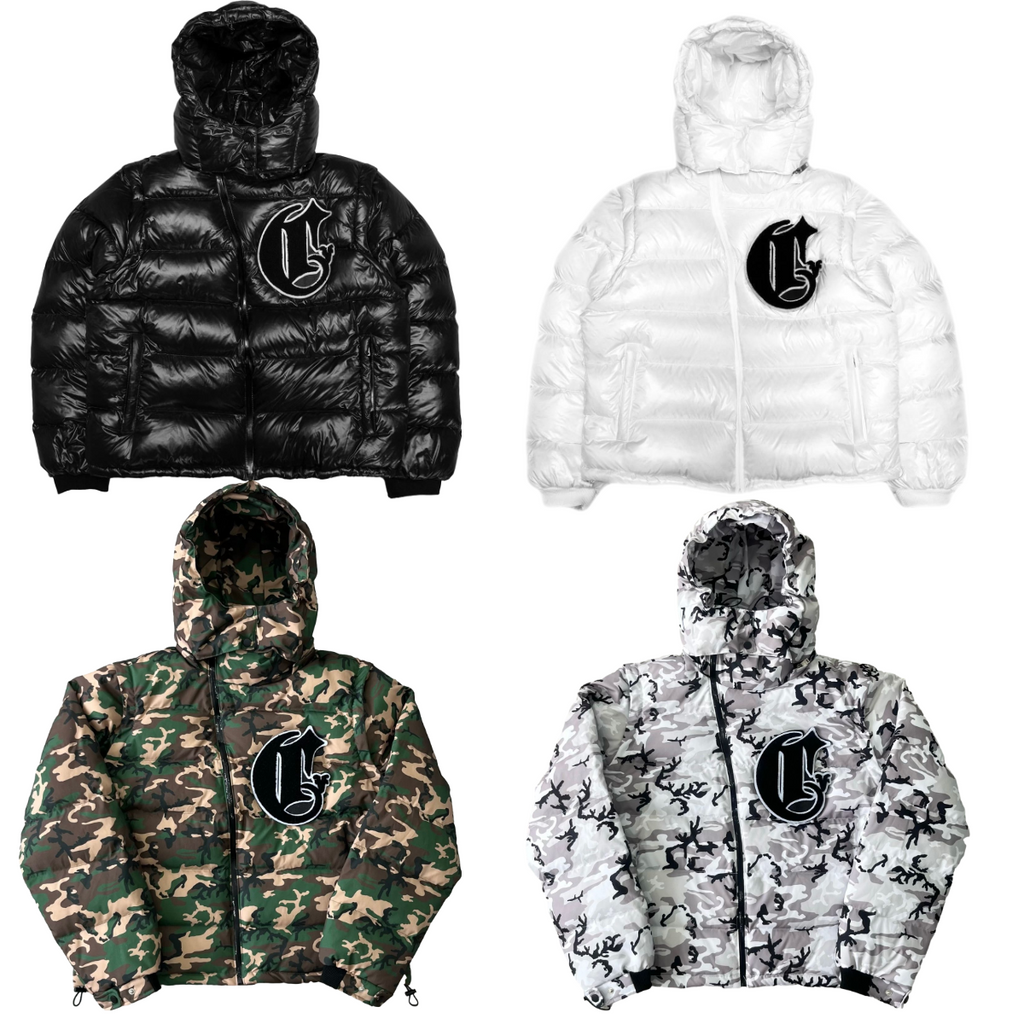 Four different colored puffer jackets with a logo on a white background