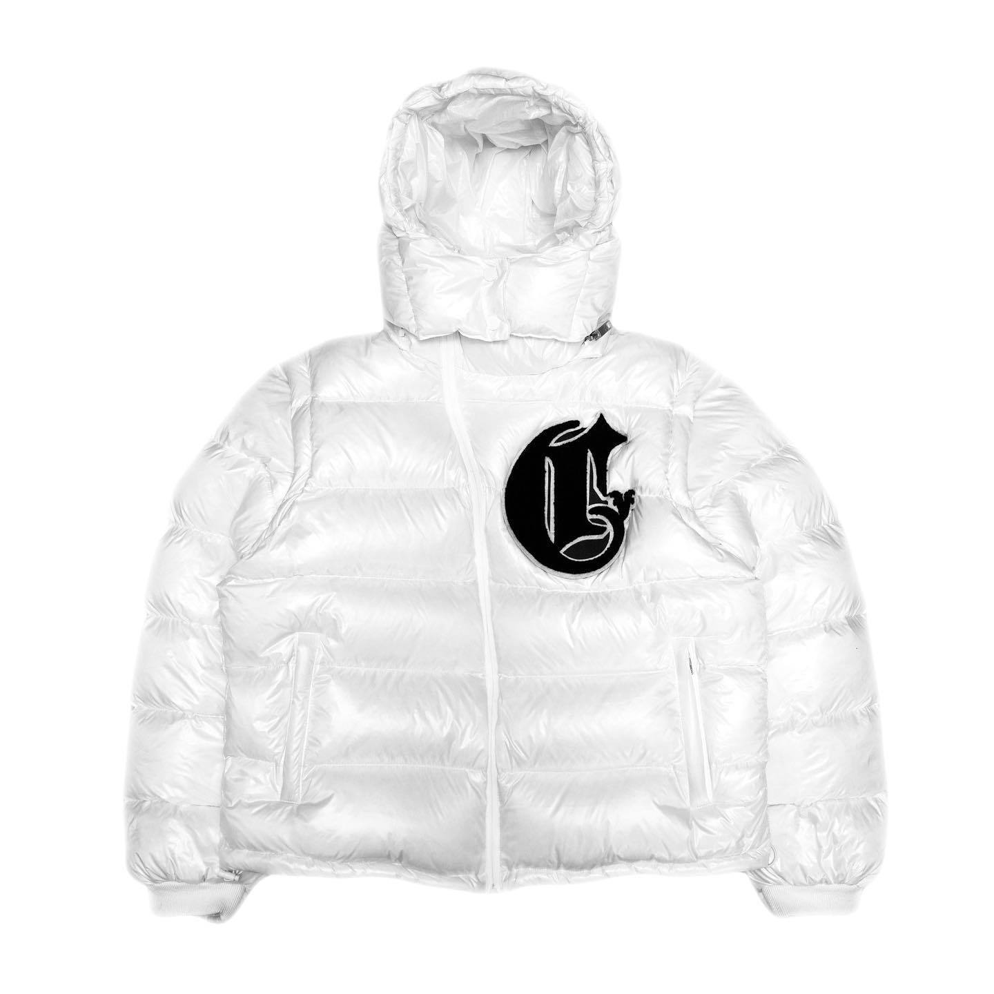 White puffer jacket with a black logo on a white background