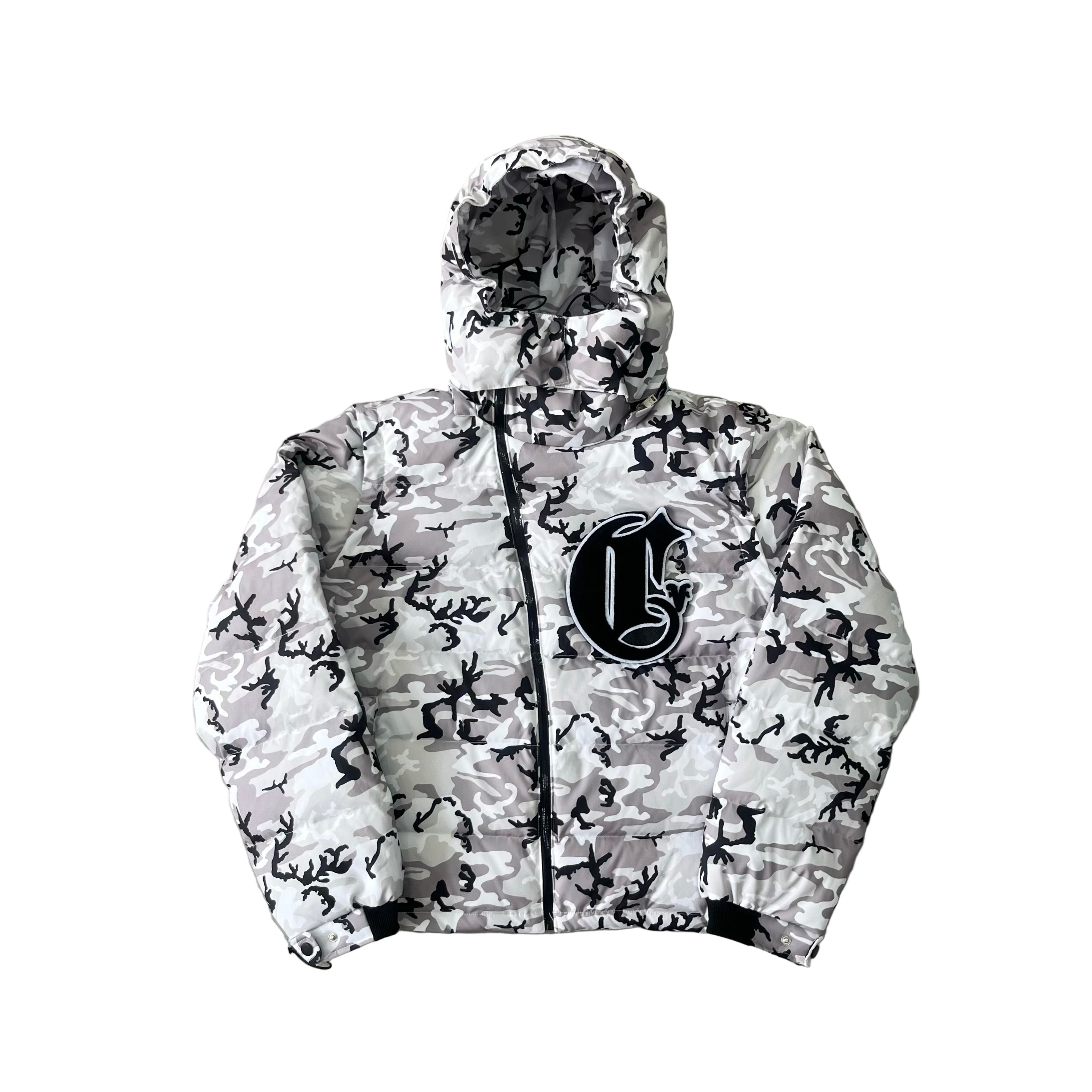 White camouflage jacket with a logo on a gray background