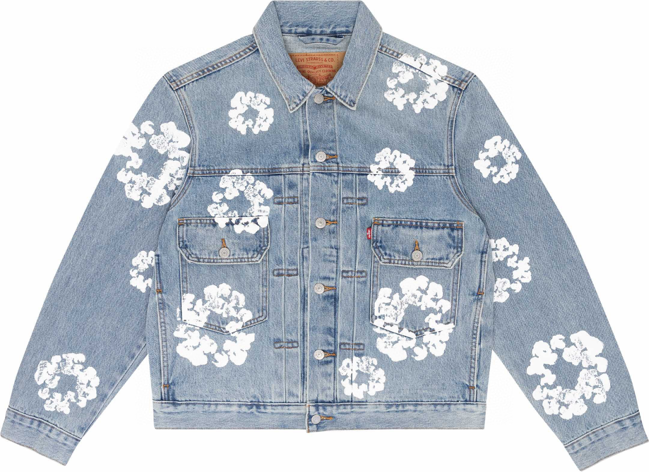 Denim jacket with white floral patterns on a white background