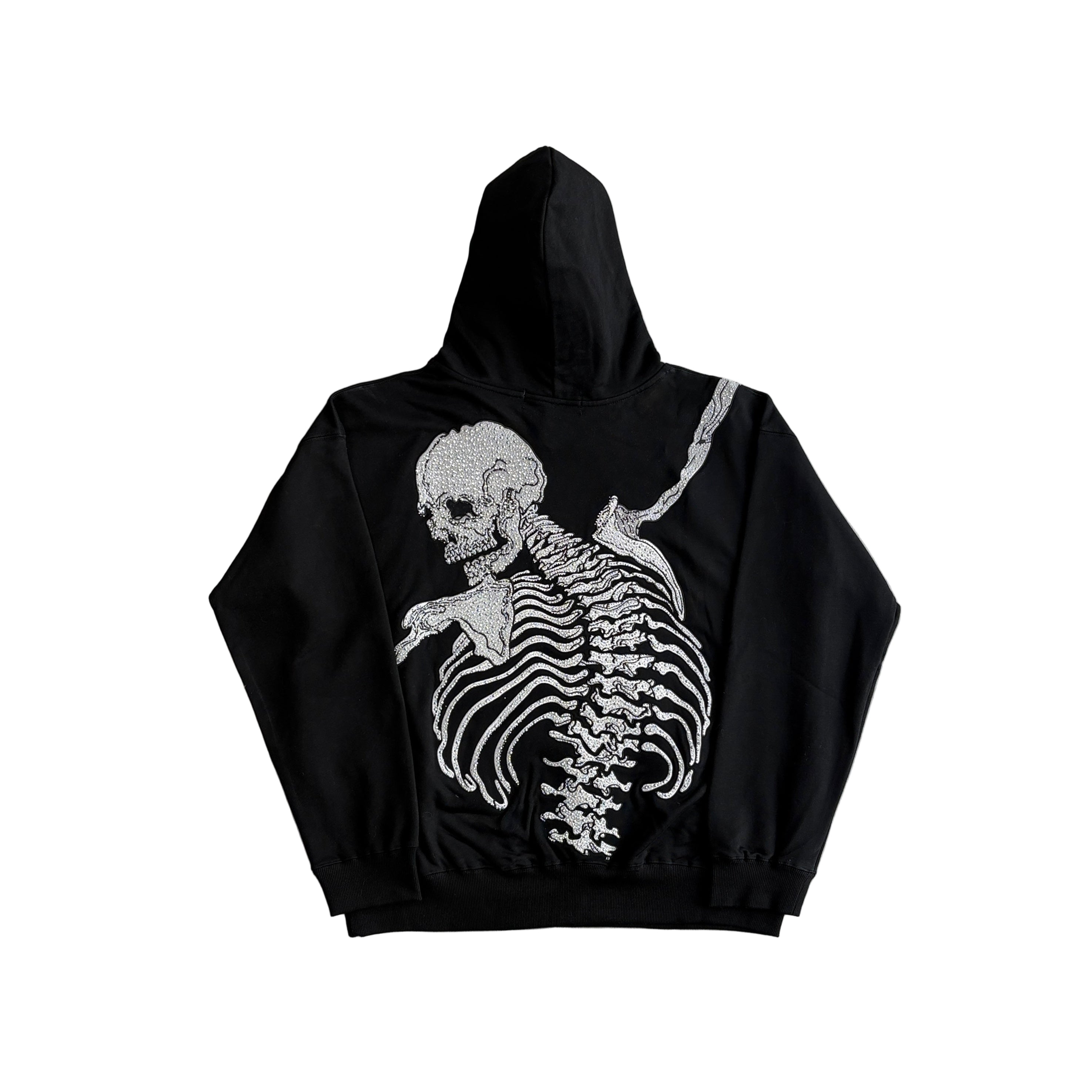 Black hoodie with a white skeleton design on a light gray background