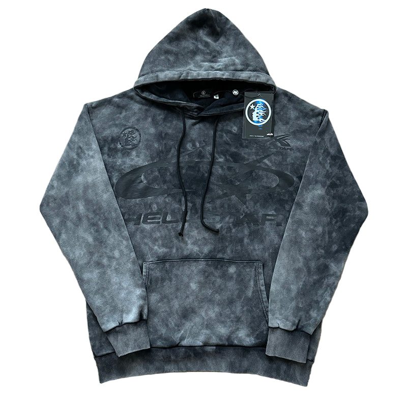 Gray tie-dye hoodie with branding on a white background