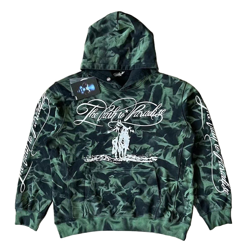 Green Hellstar | Green Camo Flame Hoodie  camoflauge hoodie with graphic design and text on a white background