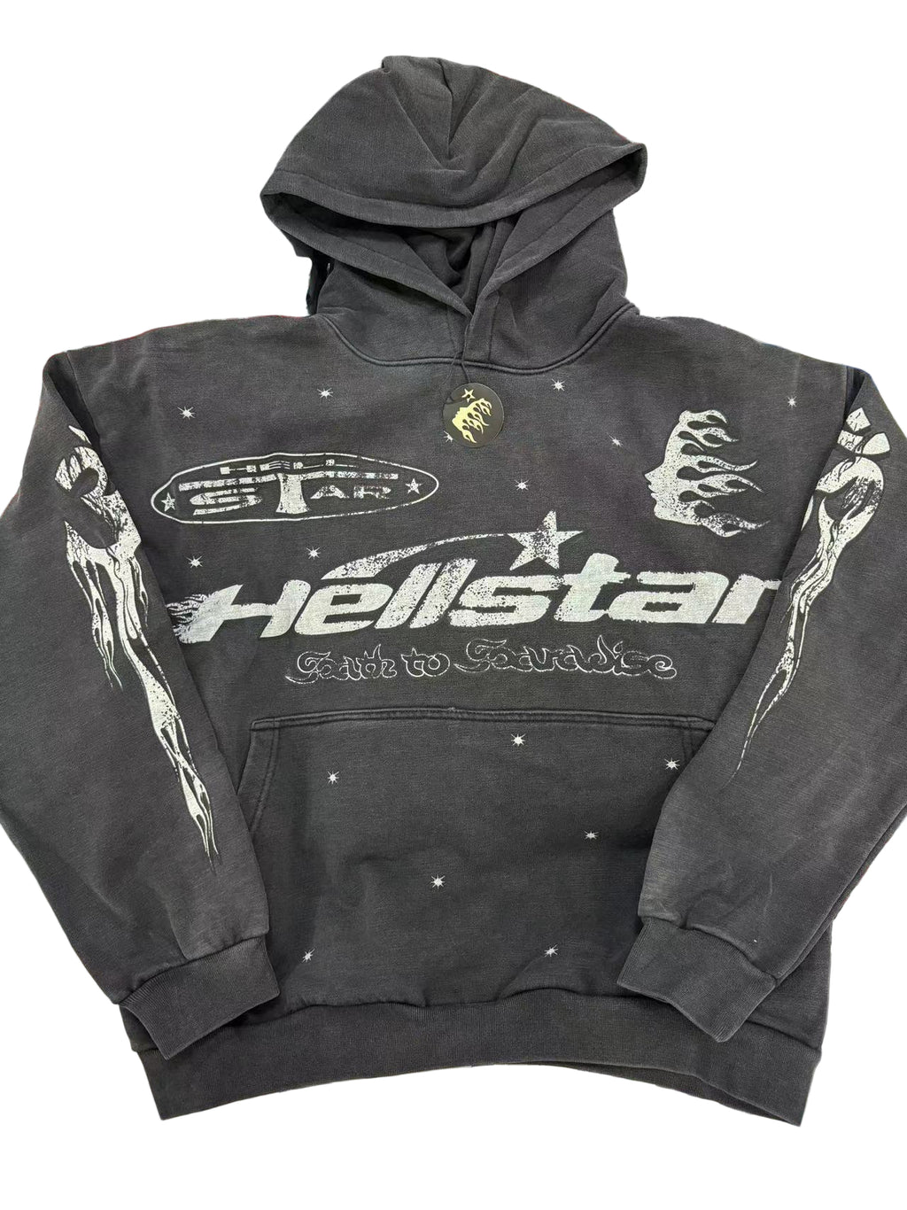 Black hoodie with 'Hellstar' branding on a colorful background