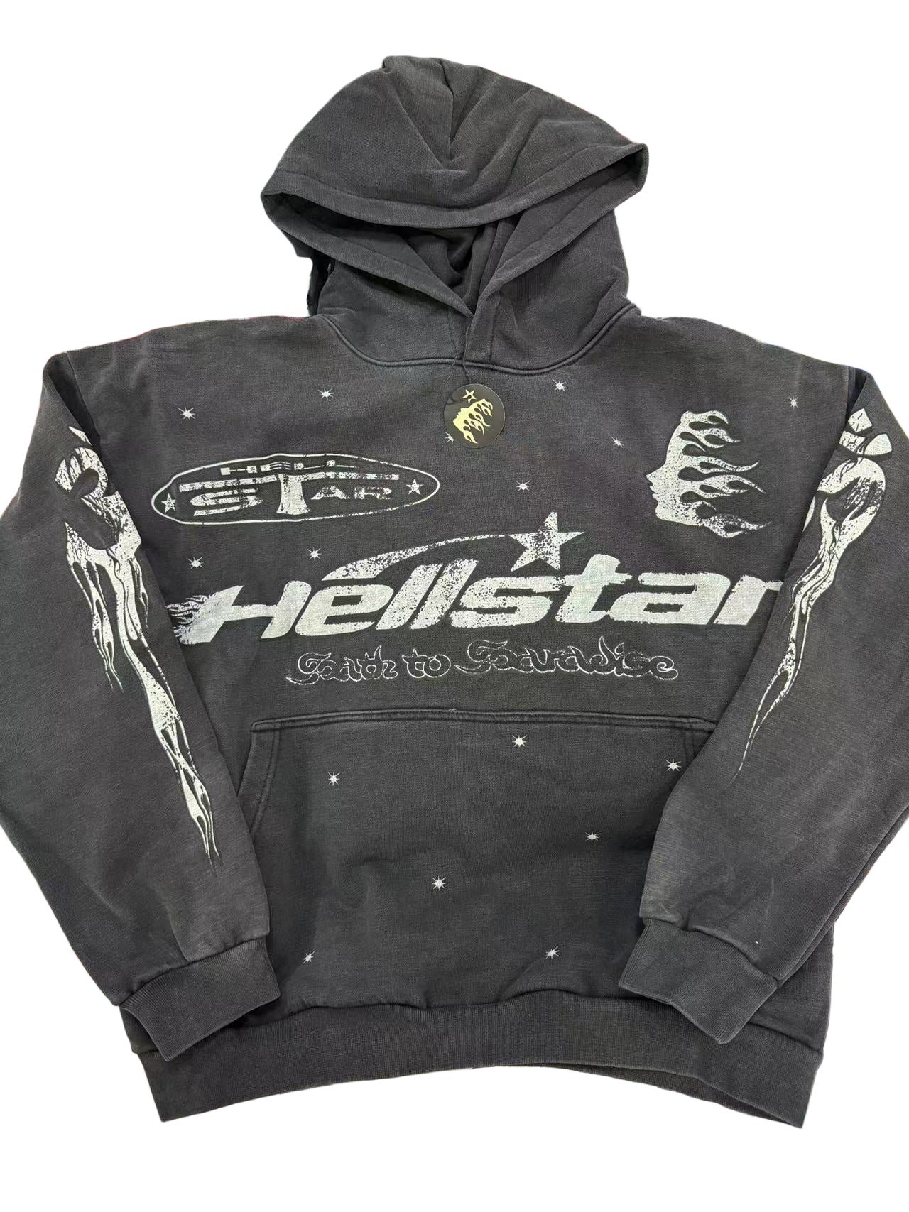 Black hoodie with 'Hellstar' branding on a colorful background