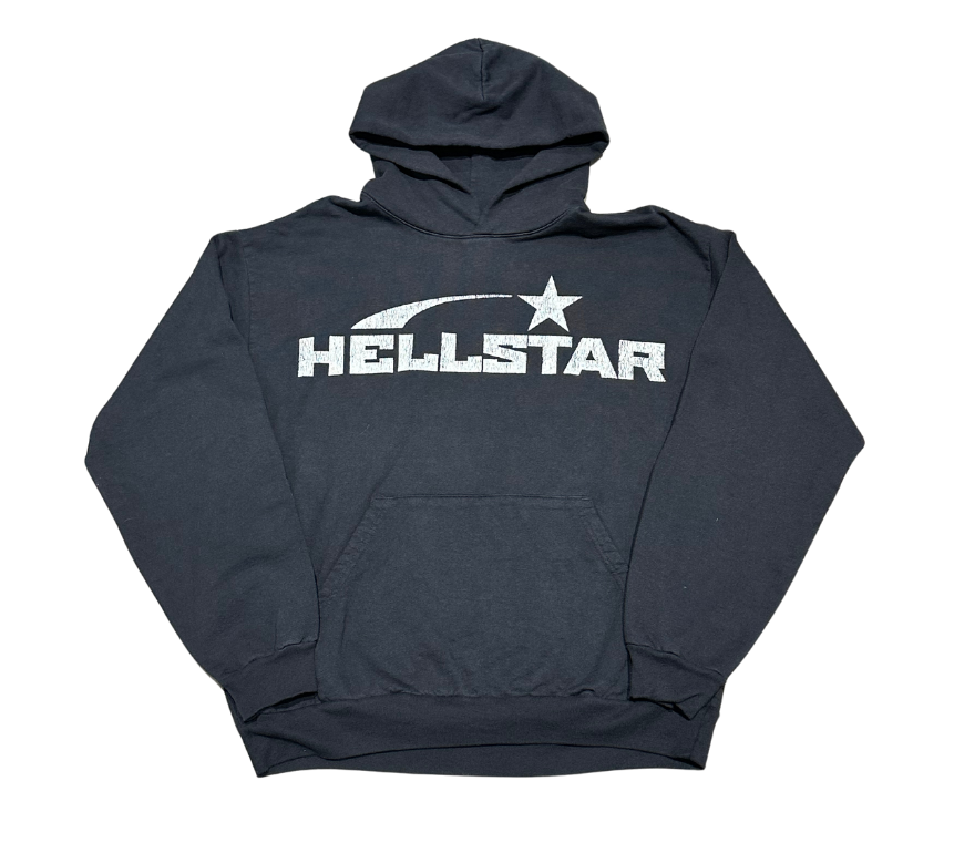 Dark gray hoodie with 'HELLSTAR' logo on a white background
