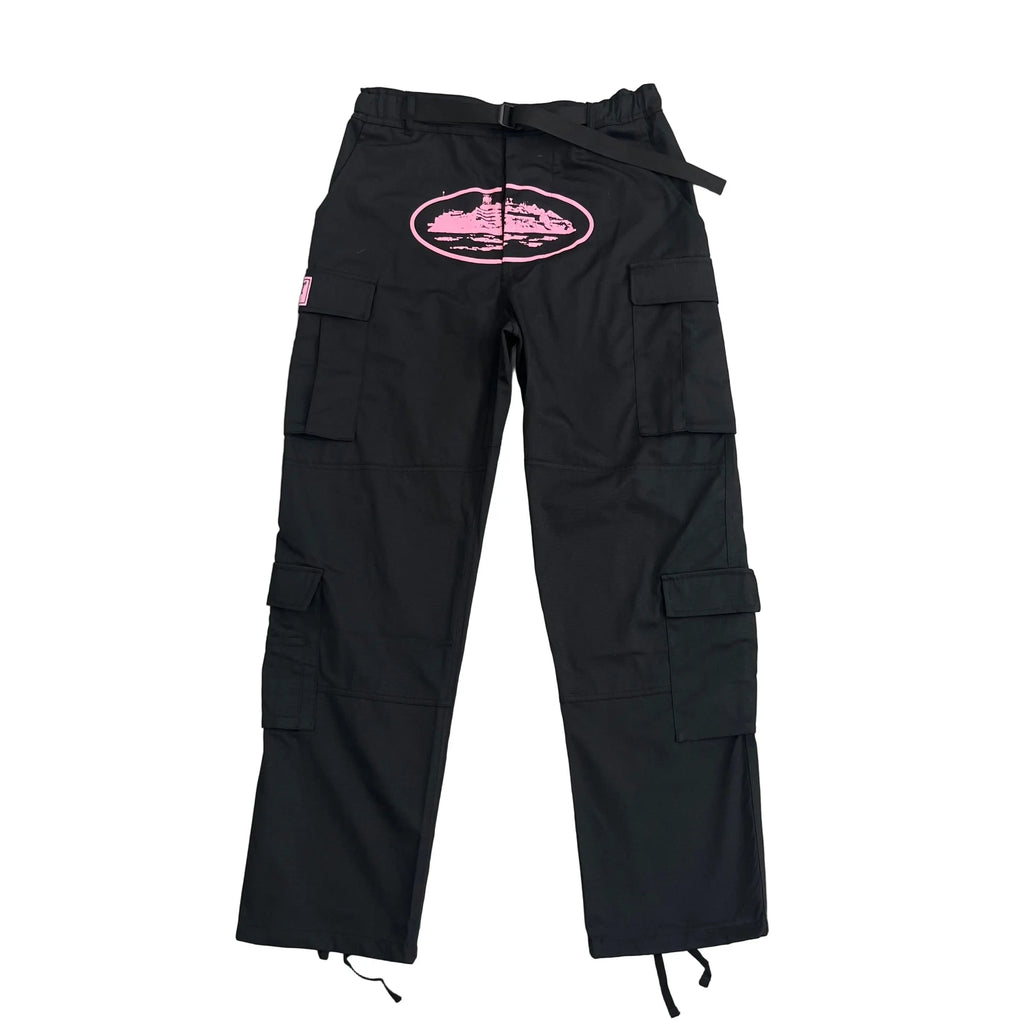 Corteiz | Black Cargo Pants with Purple or Pink Patch UndergroundDesignerPlug