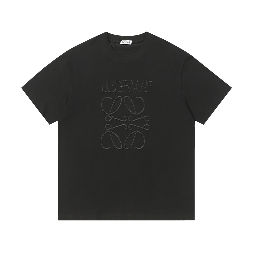 Black t-shirt with a logo on a white background