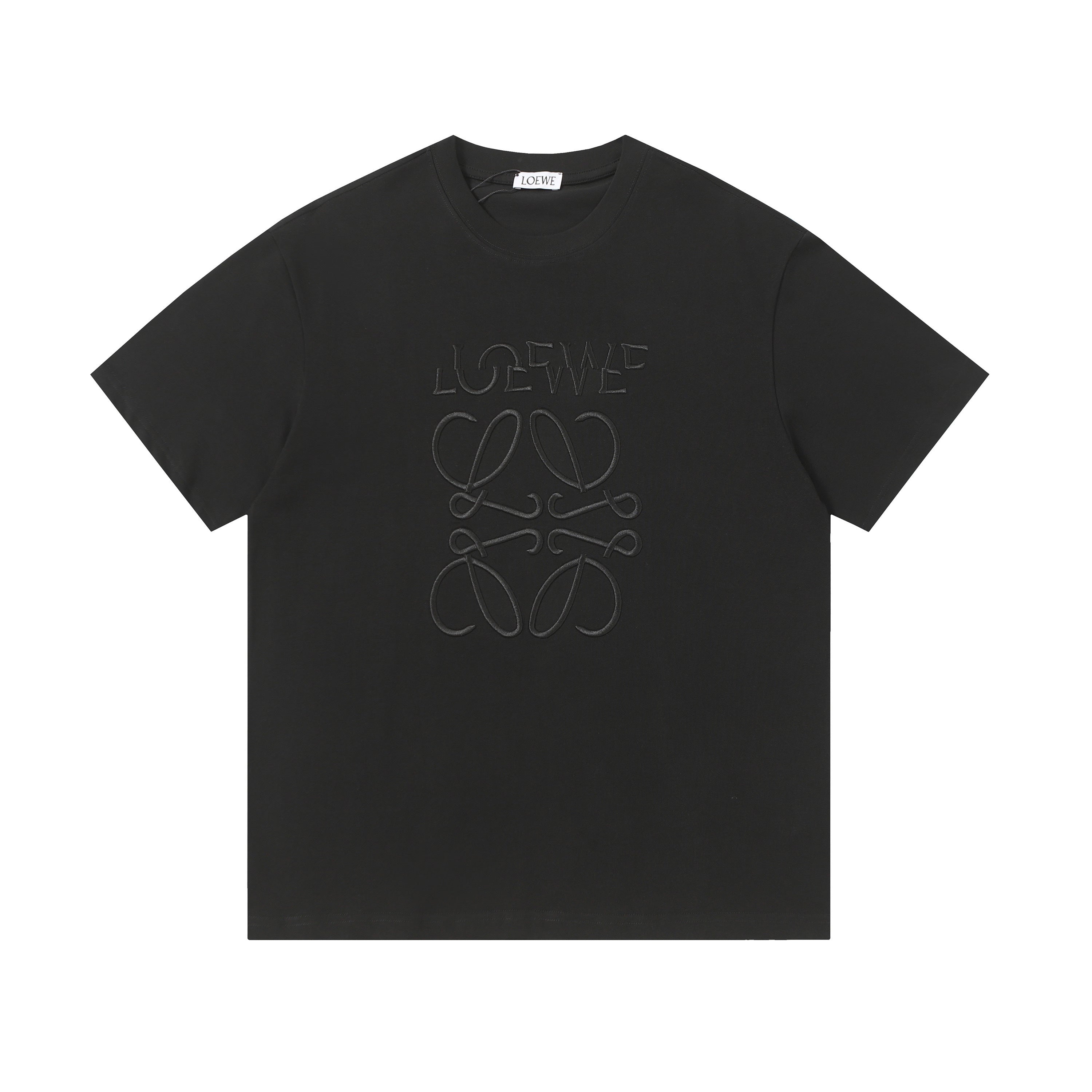 Black t-shirt with a logo on a white background