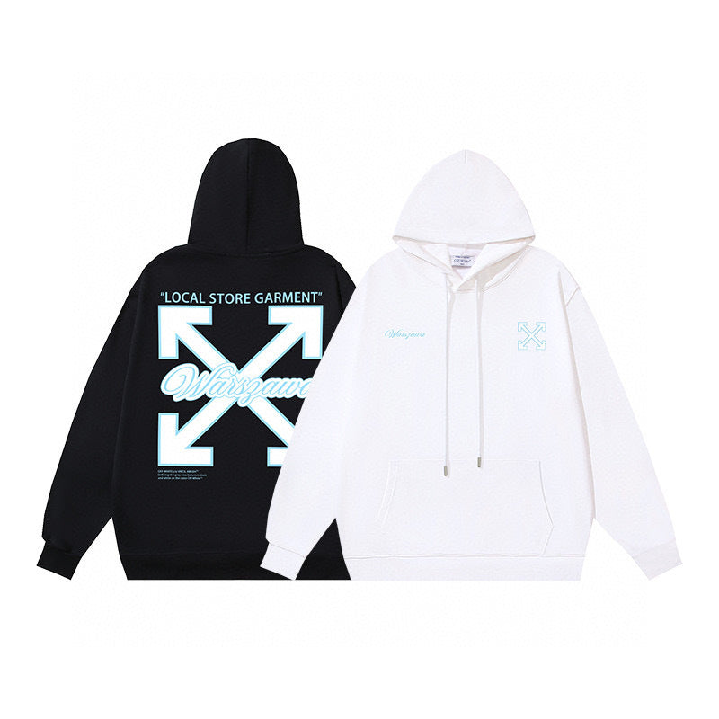 Black and white hoodies with brand logos on a white background