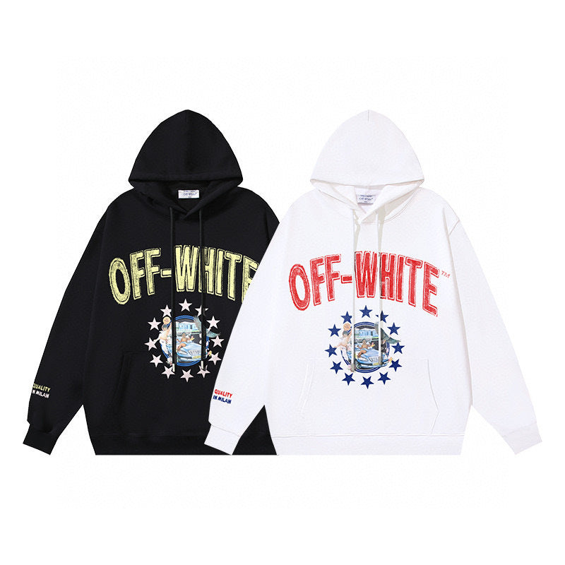 Black and white Off-White hoodies with brand logos on a white background
