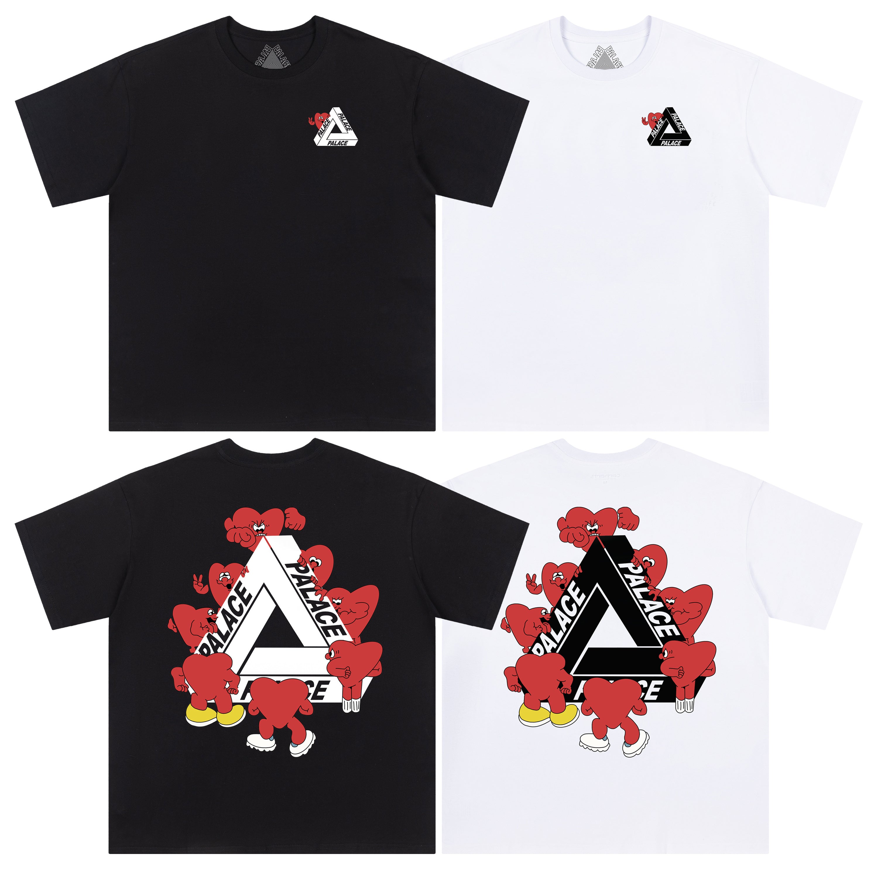 Black and white t-shirts with Palace logo and red bear graphics on a white background