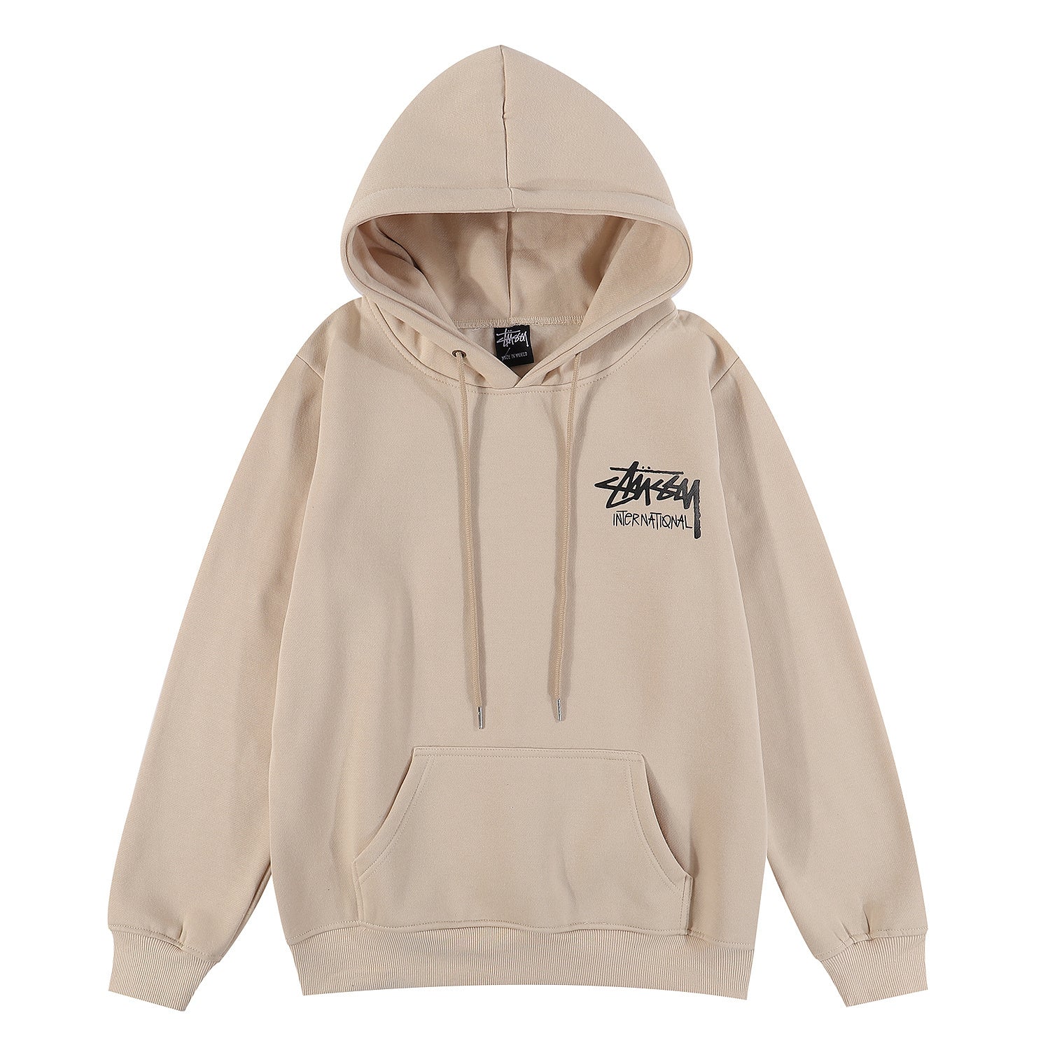 Beige hoodie with a brand logo on a white background