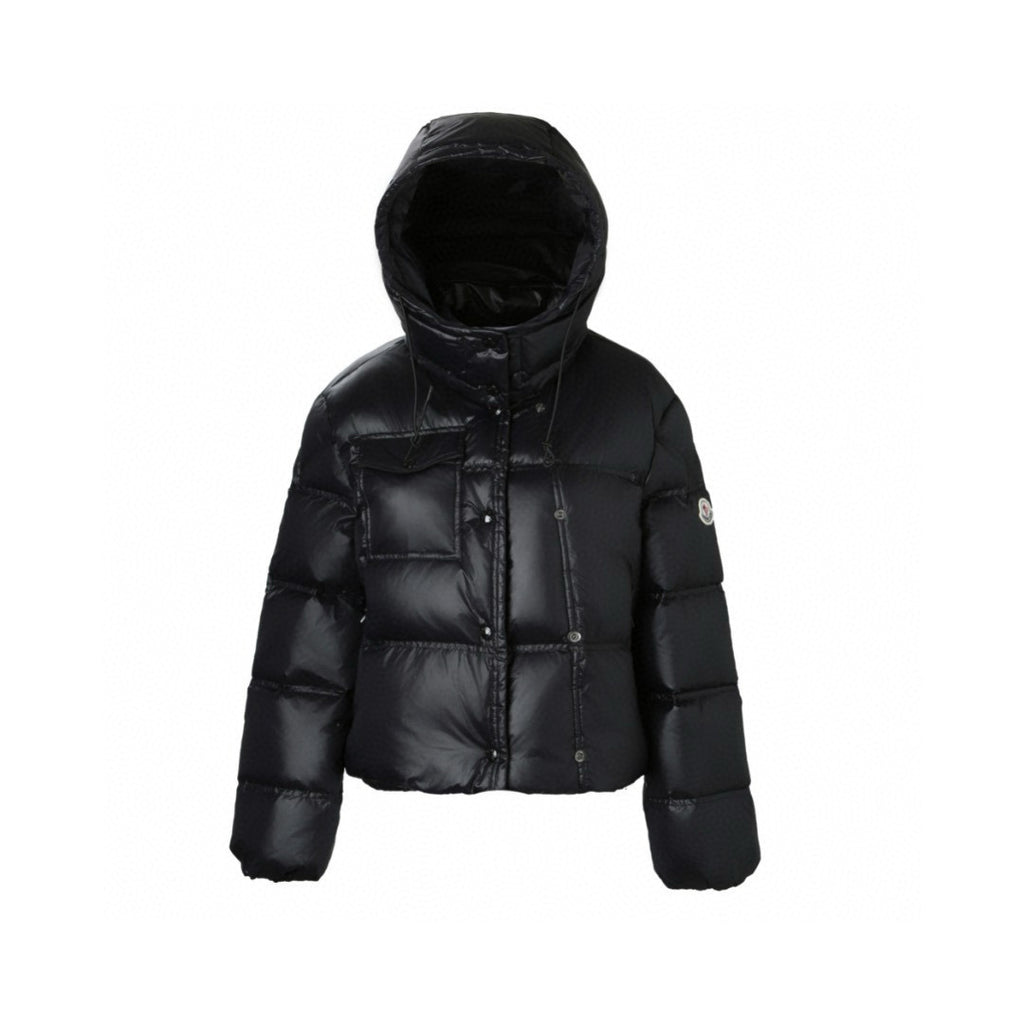 Black puffer jacket with a hood on a white background