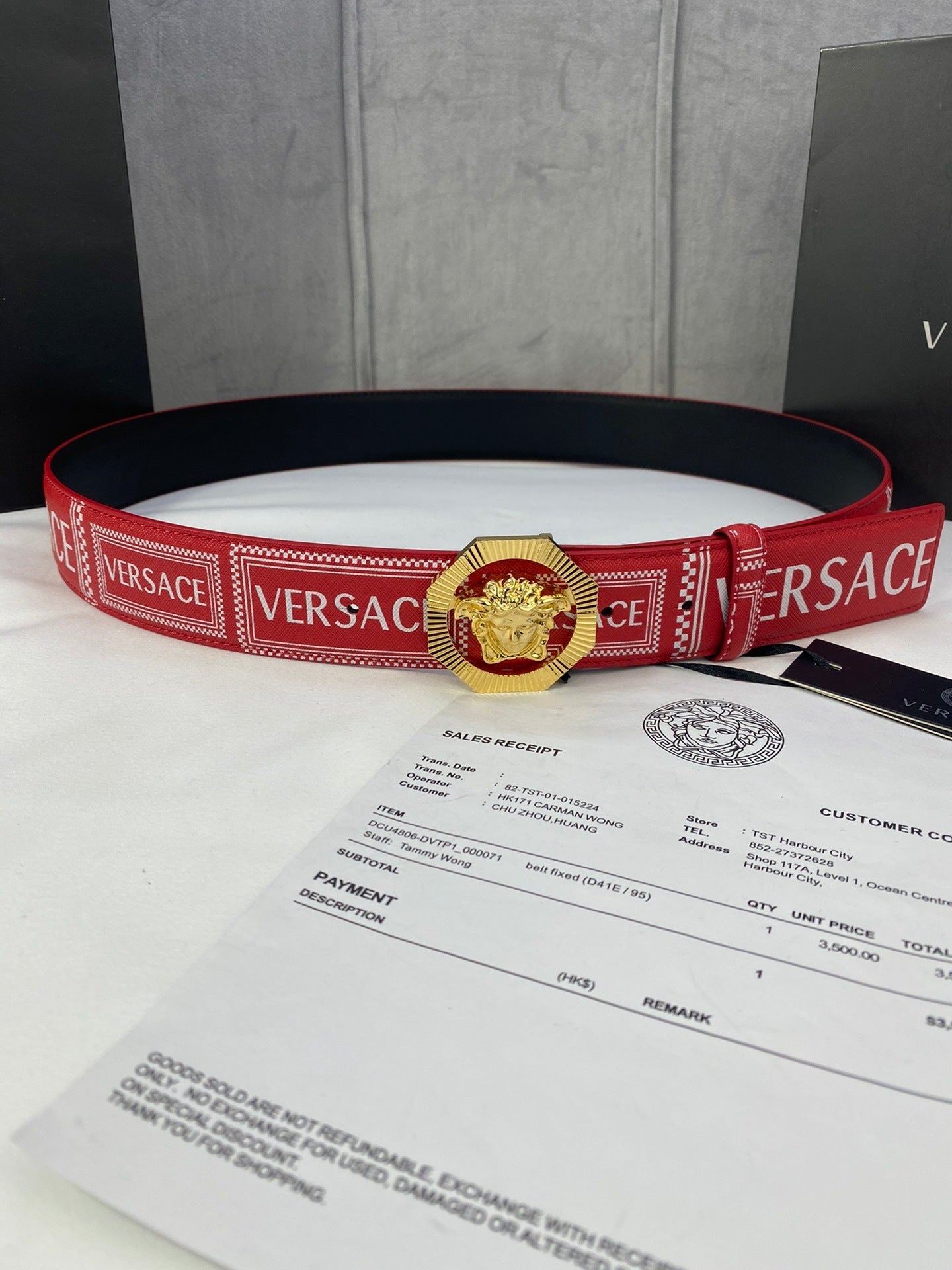 Versace | Letter Logo Leather Belt | Medusa Buckle in Black, Blue, or Red