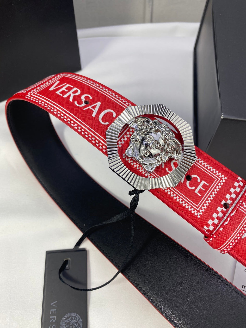 Versace | Letter Logo Leather Belt | Medusa Buckle in Black, Blue, or Red