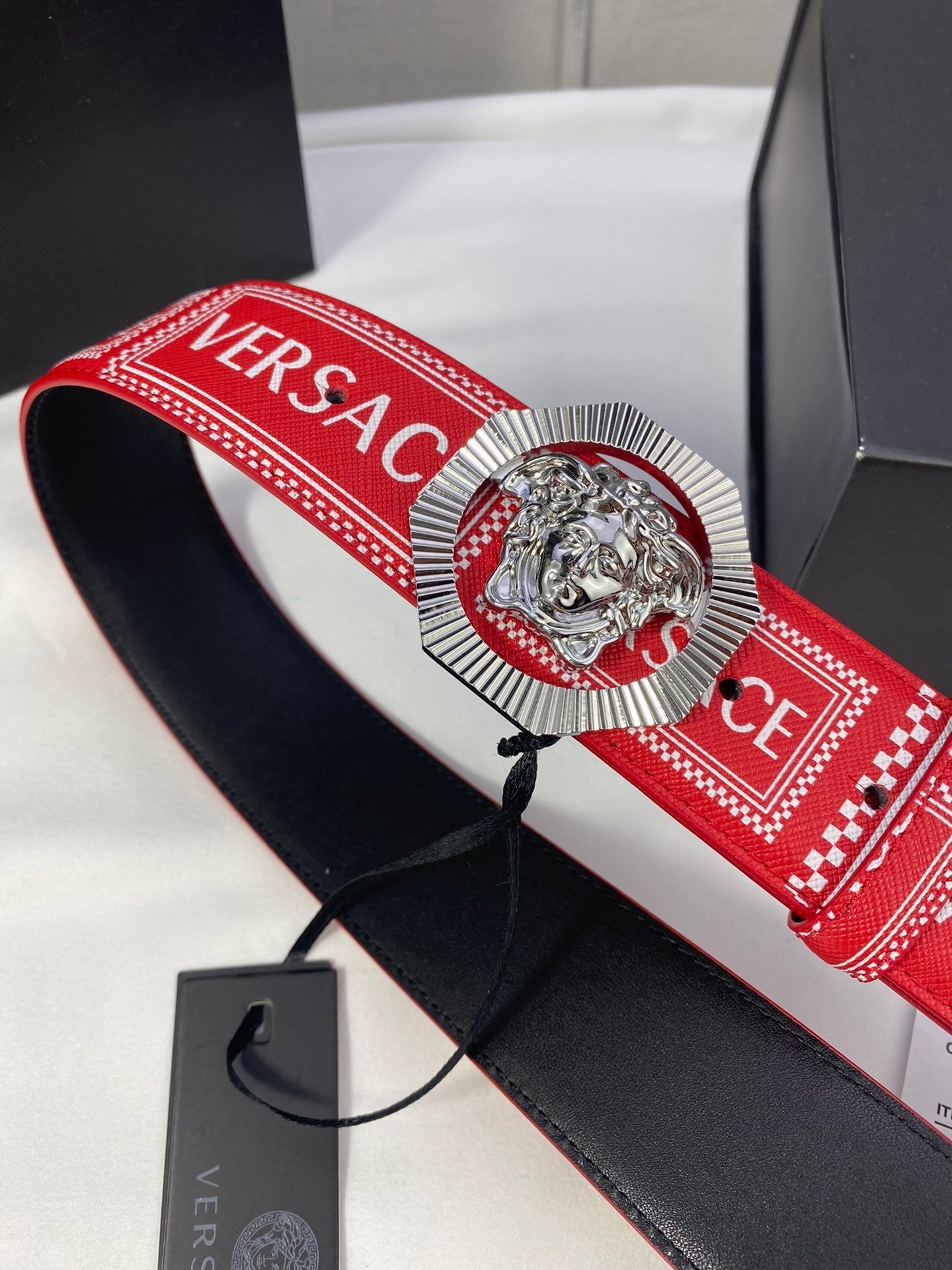 Versace | Letter Logo Leather Belt | Medusa Buckle in Black, Blue, or Red