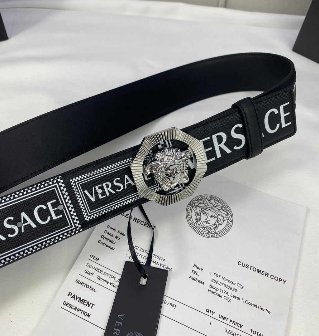Versace | Letter Logo Leather Belt | Medusa Buckle in Black, Blue, or Red